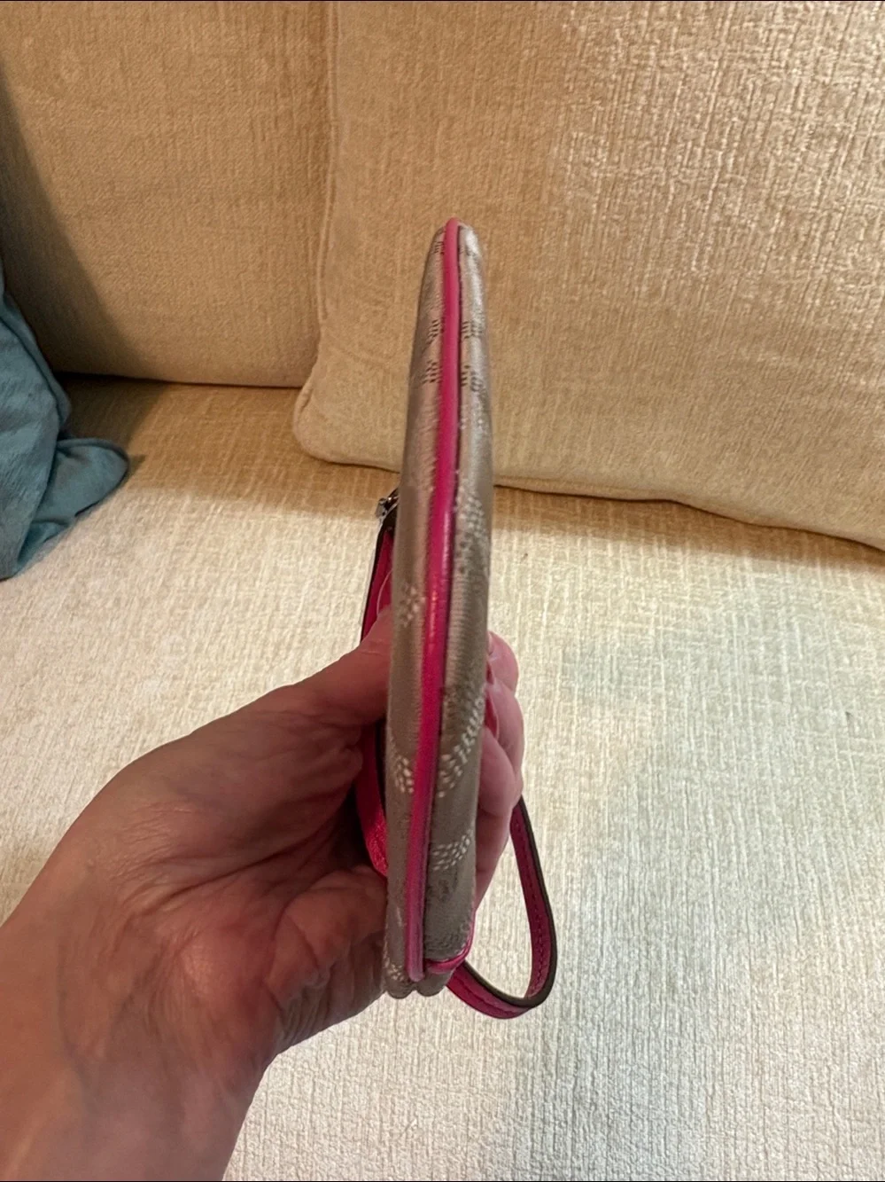 Coach Khaki Signature Canvas Wristlet with Pink Trim